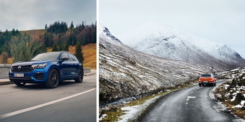 Composición de imágenes, Volkswagen Tiguan azul y uno naranja circulando por carreteras de montaña