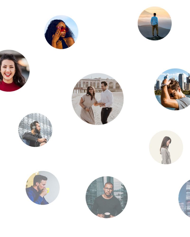 Gráfico de círculos con fotografías de personas en distintas actitudes sobre fondo blanco