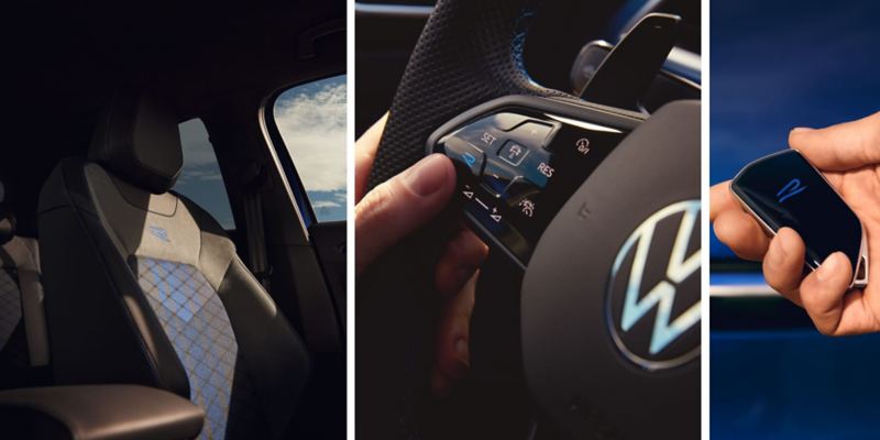 Collage del asiento delantero, el volante multifunción y la llave de un Volkswagen R