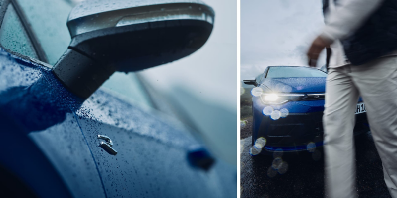 Collage con dos imágenes. En la primera imagen sale en primer plano el retrovisor de Volkswagen T-Roc R azul. En la segunda imagen sale un chico al lado de la parte delantera de un Volkswagen T-Roc R azul estacionado con los faros encedidos