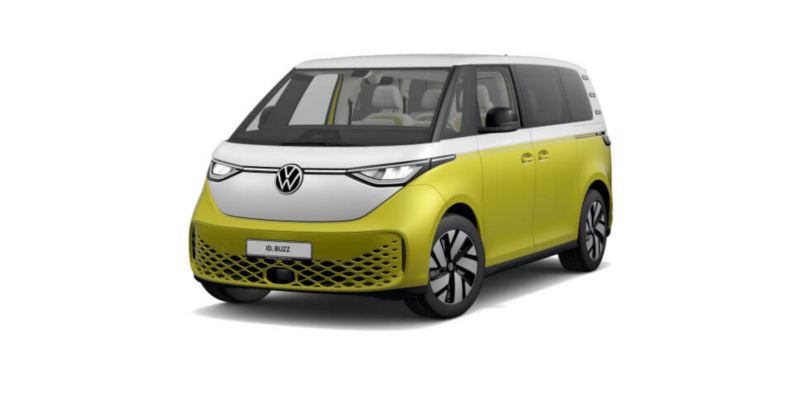 Volkswagen ID.Buzz amarillo visto de frente sobre fondo blanco