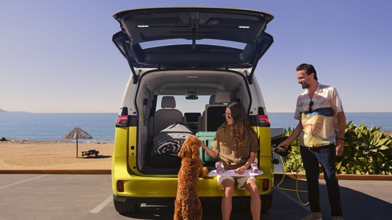 Una pareja con un perro en un ID. Buzz con el portón abierto en la playa