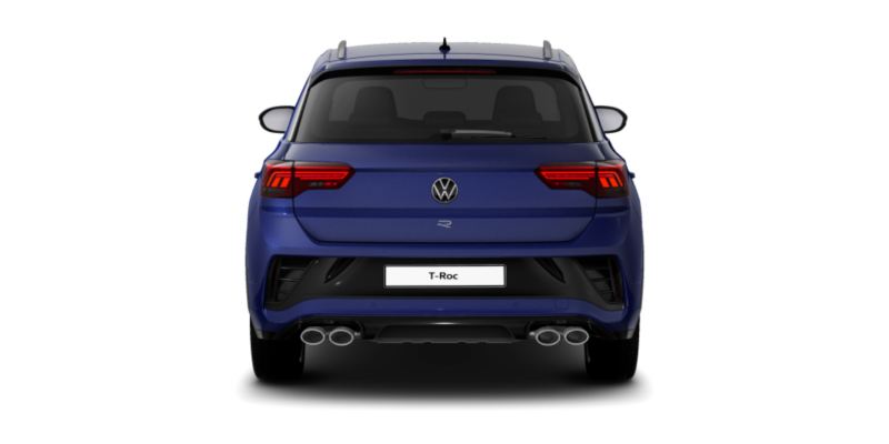 Volkswagen T-Roc R azul visto de atrás sobre fondo blanco