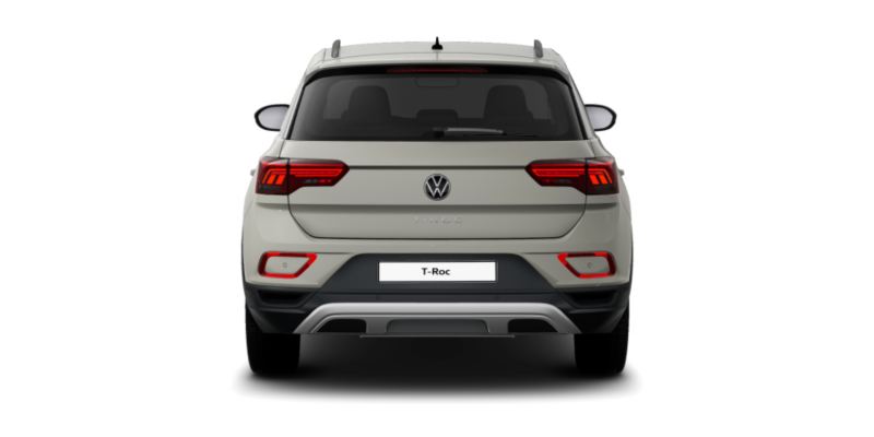 Volkswagen T-Roc gris visto de atrás sobre fondo blanco