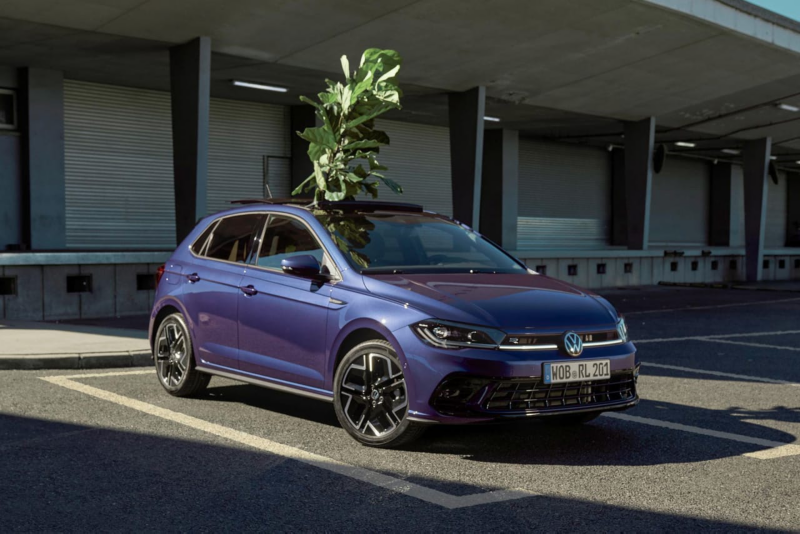 Vista lateral Volkswagen Polo Lovebrand lila con una gran planta saliendo por el techo