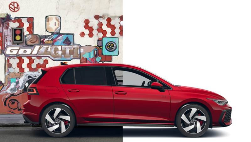 Vista lateral de un Volkswagen Golf GTI de color rojo delante de un mural