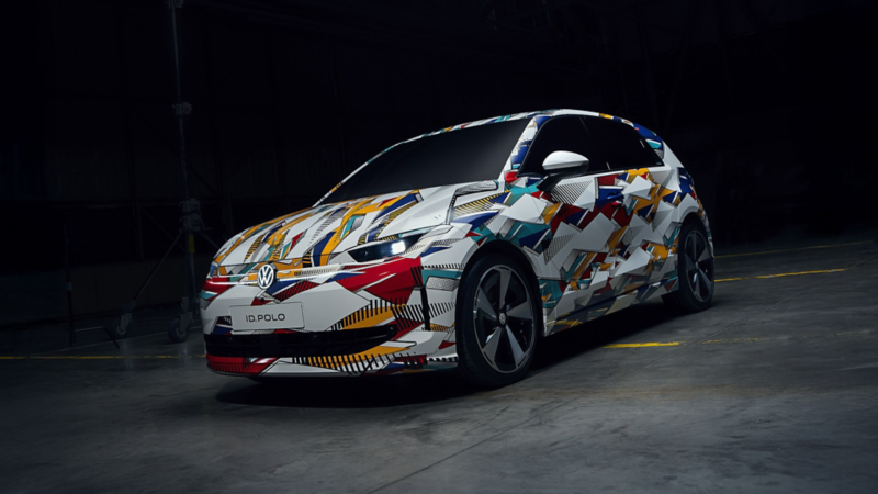 Volkswagen ID. Polo con formas geométricas con un fondo oscuro