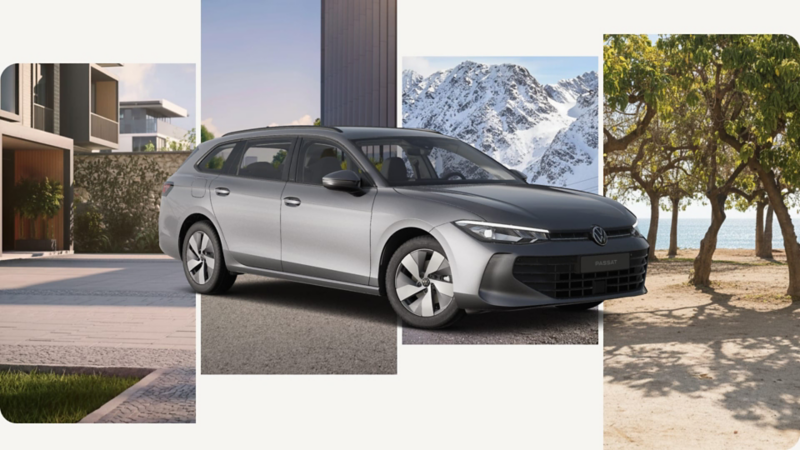 Collage de paisajes con un Volkswagen Passat gris delante