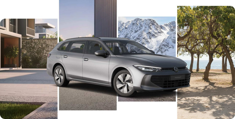 Collage de paisajes con un Volkswagen Passat gris delante