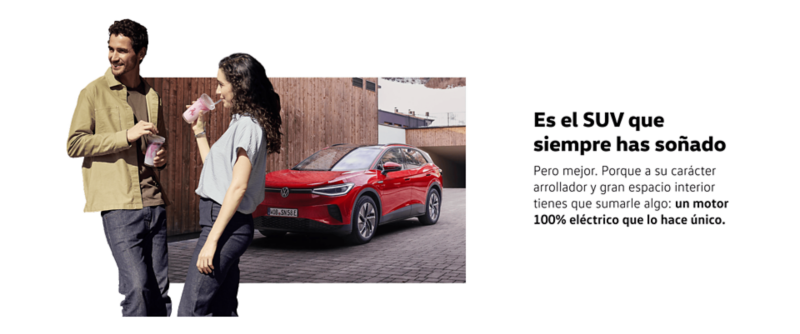 Dos personas delante de un Volkswagen ID.4 rojo visto de frente y un texto de introducción