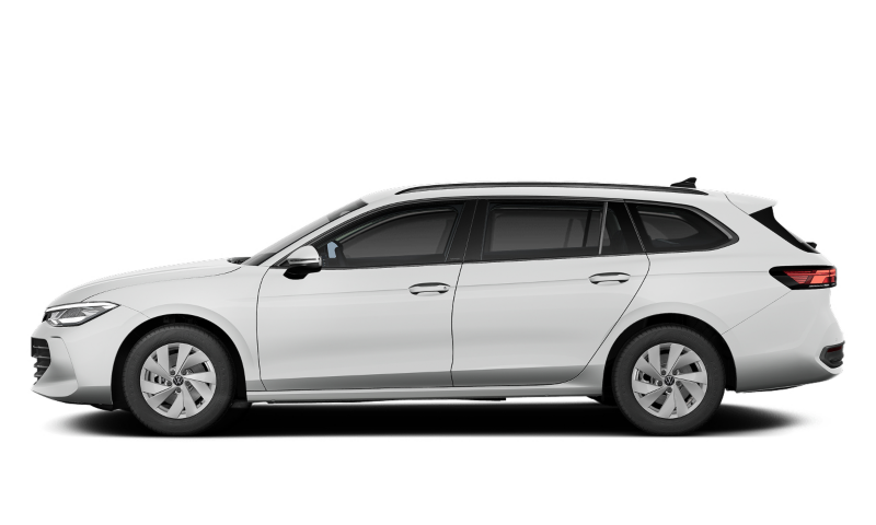 Un Volkswagen Passat blanco visto de costado sobre un fondo blanco