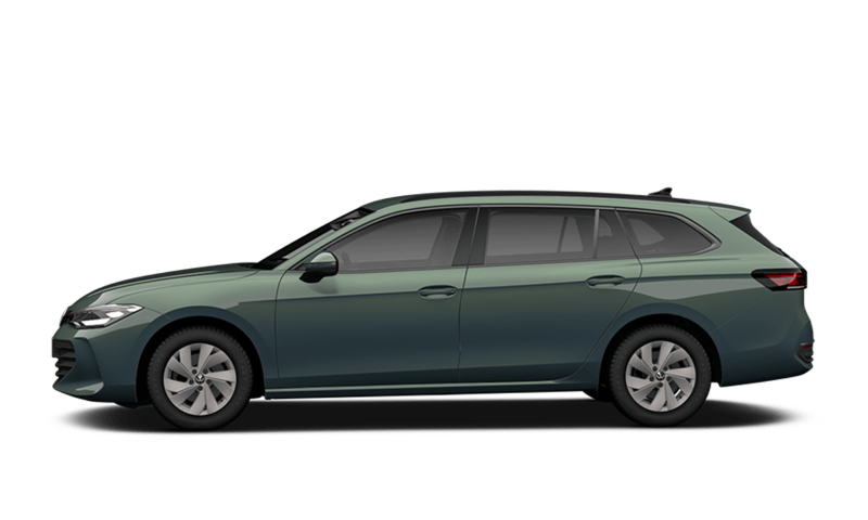 Un Volkswagen Passat Business color verde visto de costado sobre un fondo blanco