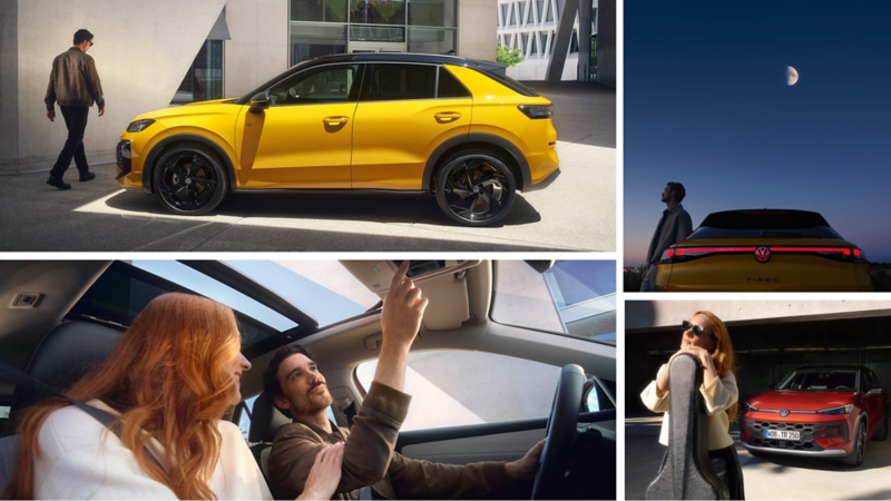 Mosaico de personas con el Nuevo T-Roc en distintos escenarios