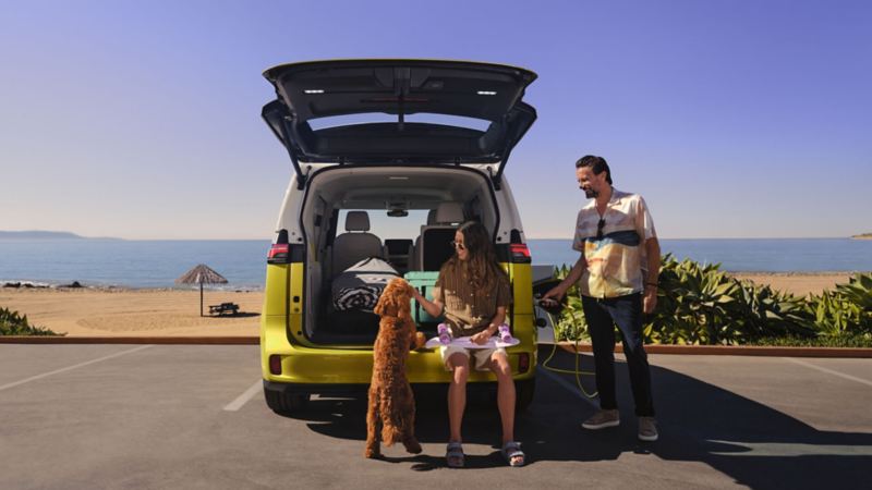 Una chica sentada en el maletero de un Volkswagen ID.Buzz junto a un perro y un chico