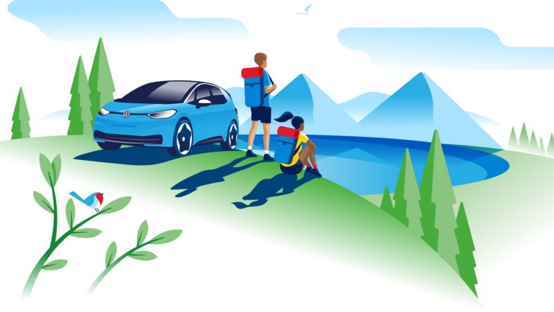 Ilustración de una pareja en la montaña junto a un Volkswagen eléctrico