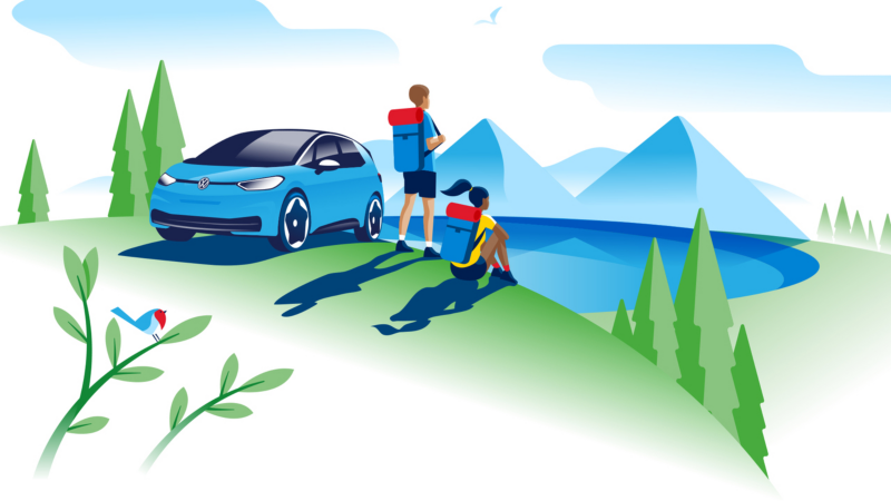 Ilustración de una pareja en la montaña junto a un Volkswagen eléctrico