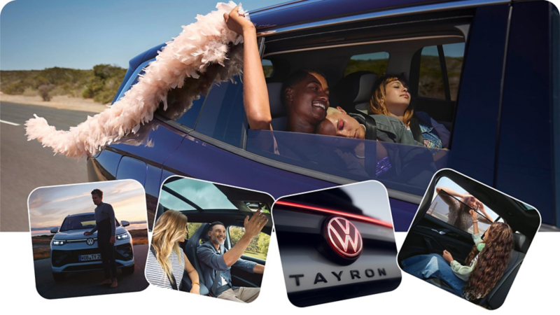 Collage de fotos de gente dentro y fuera de un Tayron