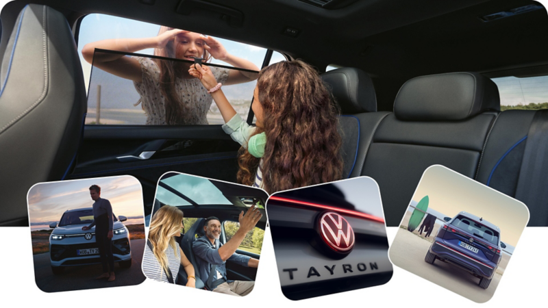 Collage de fotos de gente dentro y fuera de un Tayron