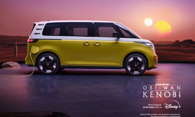 Volkswagen ID. Buzz bicolor en un paisaje con dos soles y el logo de Disney +