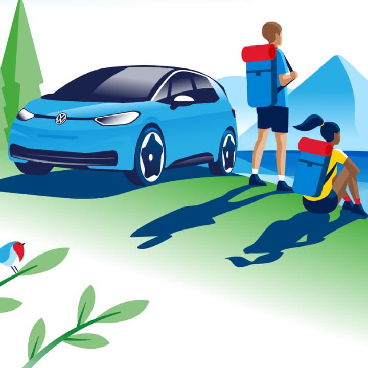 Ilustración de unos excursionistas en la montaña junto a un Volkswagen ID.3