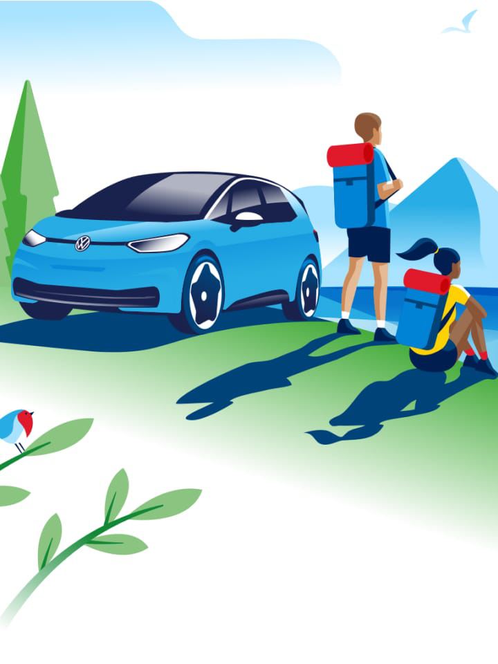 Ilustración de unos excursionistas en la montaña junto a un Volkswagen ID.3