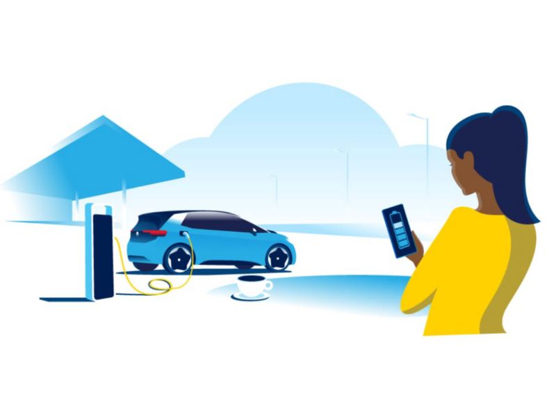 Ilustración de una chica con un móvil y un Volkswagen ID. conectado a la estación de carga
