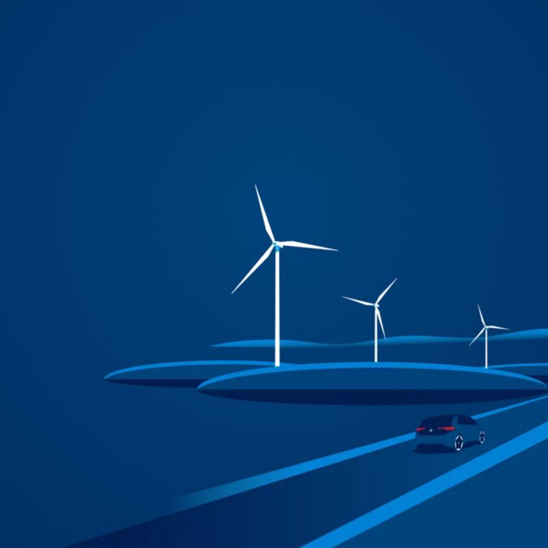 Ilustración de un Volkswagen eléctrico circulando con el fondo de energía eólica
