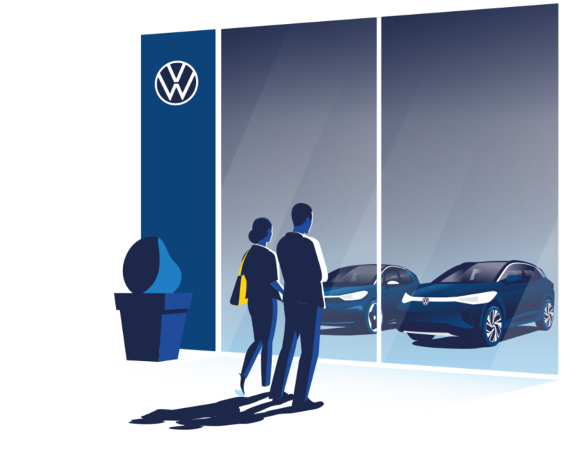 Illustrazione di due persone in piedi davanti a una concessionaria VW che guardano i modelli ID. attraverso la vetrina.