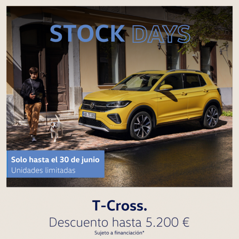T-Cross promoción, color amarillo, vista lateral derecha. Texto: Stock Days. Descuento hasta 5.200€. Sujeto a financiación. Solo hasta el 30 de junio. Unidades limitadas.