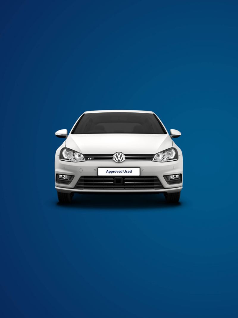 Approved Used Volkswagen Golf front view on a blue background
