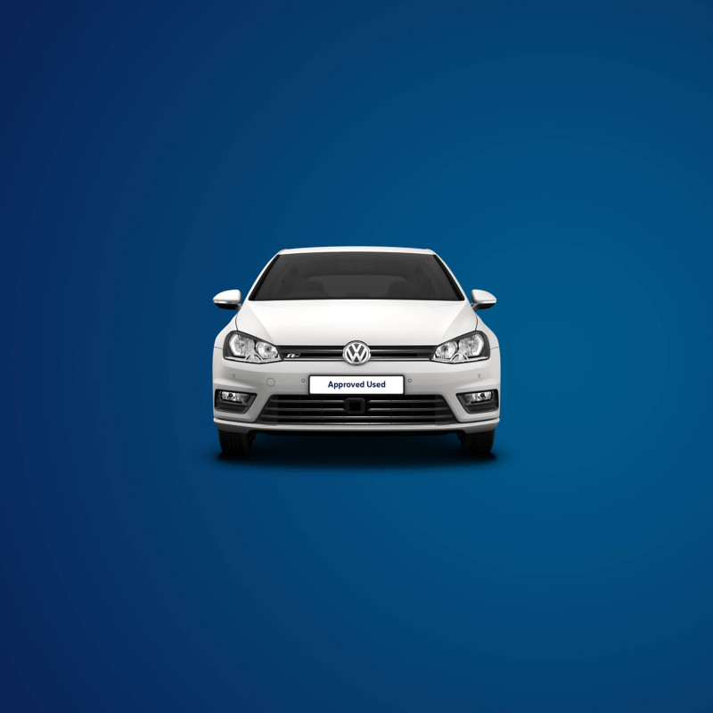 Approved Used Volkswagen Golf front view on a blue background