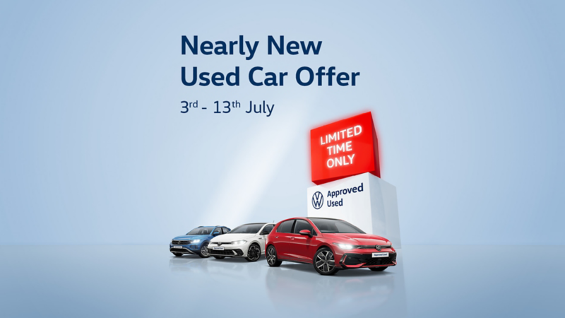 A graphic for the Used Car Event, featuring an array of VW cars against a blue background