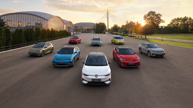A wide aerial shot of a range of VW ID models