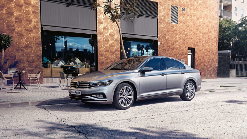 A parked grey Passat car