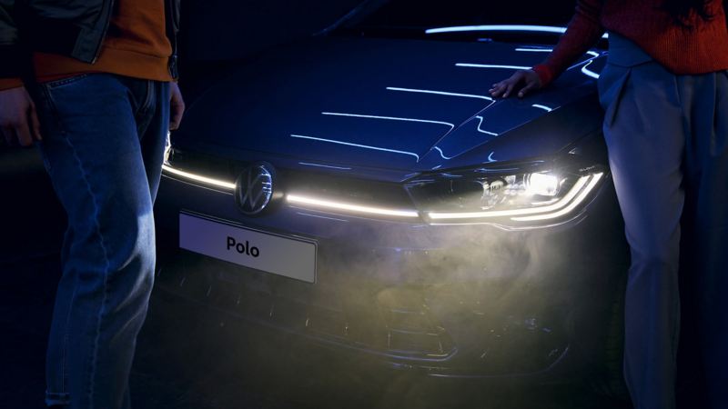 A blue Polo, showcasing its IQ. LIGHT Matrix LED Headlights