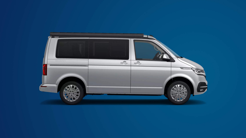 Silver Volkswagen California camper van shown in side profile on a blue background.