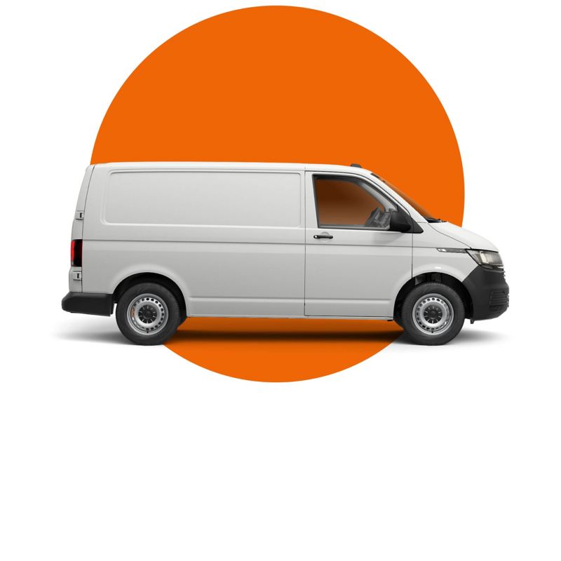 Transporter panel van overlaid on an orange circle
