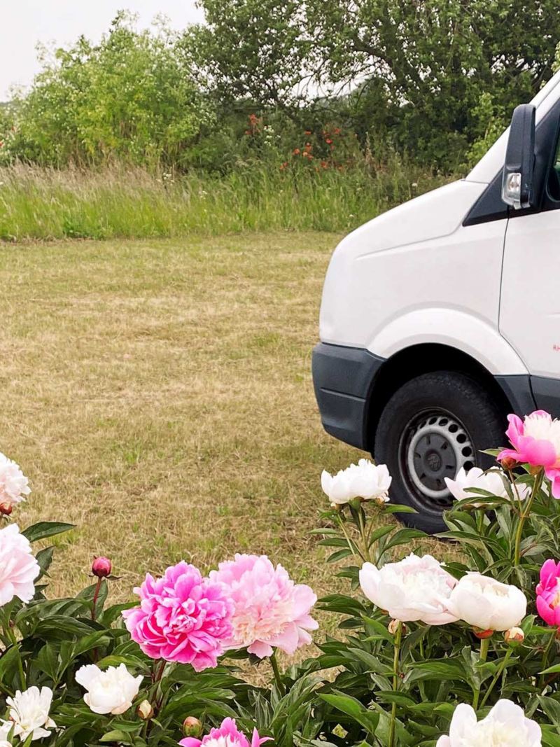 Primrose Hall with peonies next to their converted Volkswagen Crafter