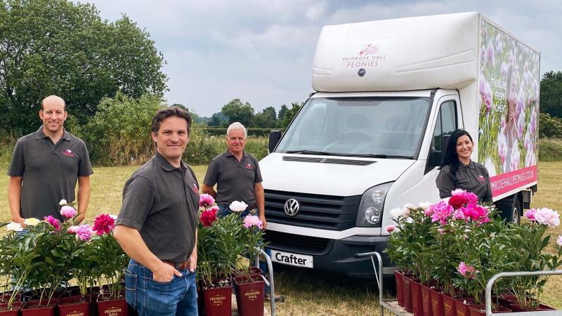 Primrose Hall Peonies standing around their Volkswagen Crafter conversion