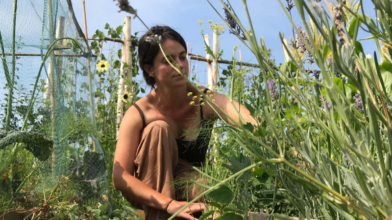 Photo of Frances Tophill kneeling down attending to some plants in a garden. 