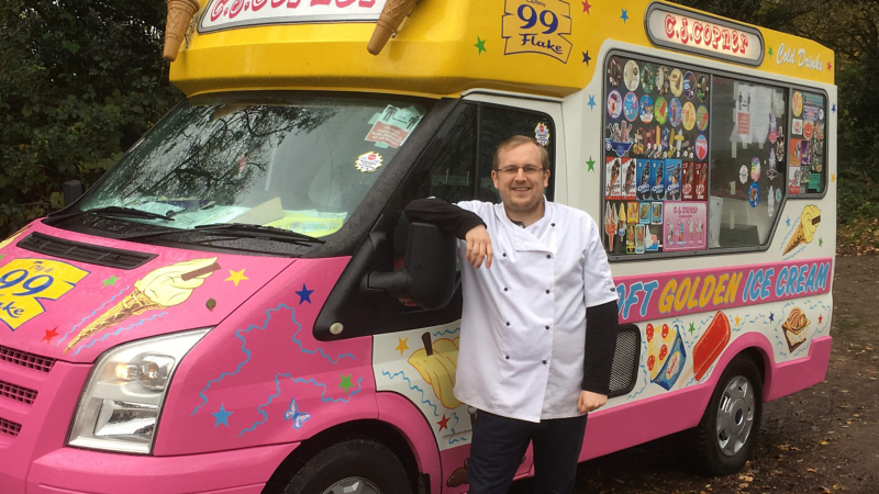 Photo showing a converted VW Van in use as an ice cream van. 