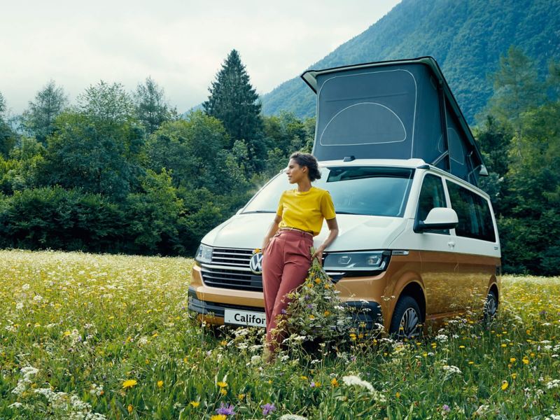 A woman leaning on a Grand California in a field