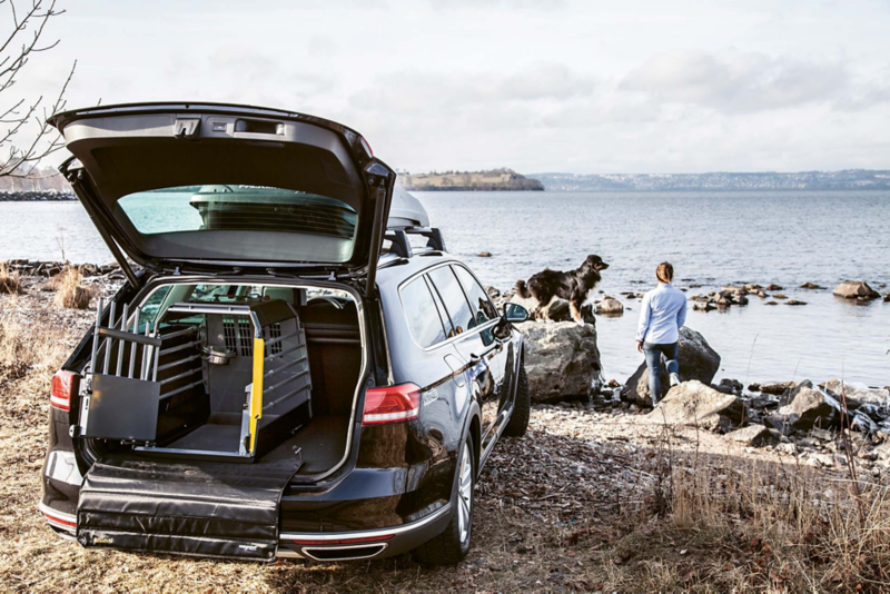 Variocage hundbur bak i en VW med öppen baklucka och en person med hund framför vid vattnet