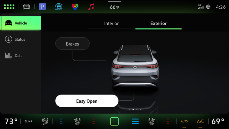 Image of Infotainment screen with exterior information displayed and Easy Open button highlighted as on