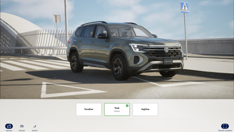 Vista exterior 3D de Volkswagen con controles para abrir puertas y cambiar iluminación.