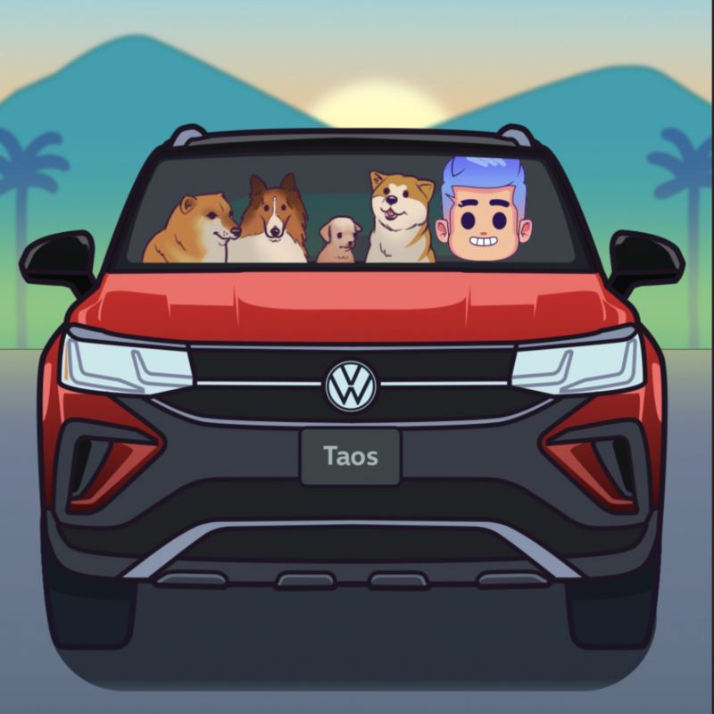 Volky viaja con perros en un SUVW Taos 2023. 