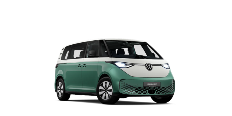 En vit och grön VW ID. Buzz 7-sits