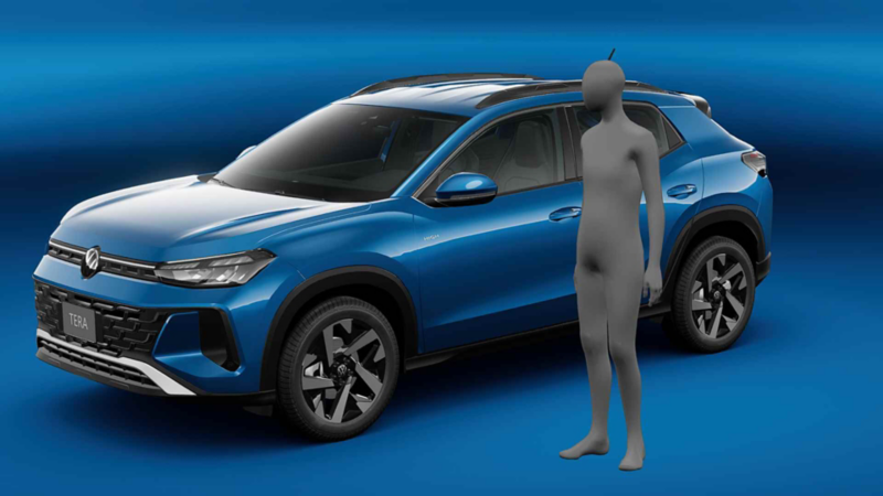 Volkswagen Tera. Vista frontal de SUV de color azul junto a silueta humana 3D.