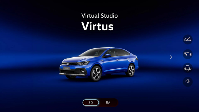 Volkswagen Virtus de color azul en Virtual Studio, aplicación de realidad aumentada desarrollada por Volkswagen. 