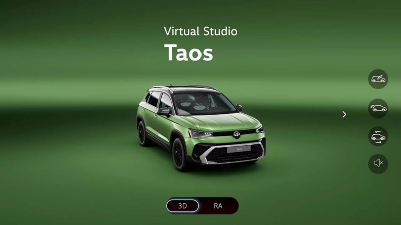 VW Taos. Vista frontal de SUV de color verde en Virtual Studio con menú de realidad aumentada.